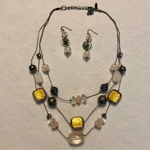 Gold, Gun Metal Gray & Pink Beaded Three Strand Necklace with Matching Earrings